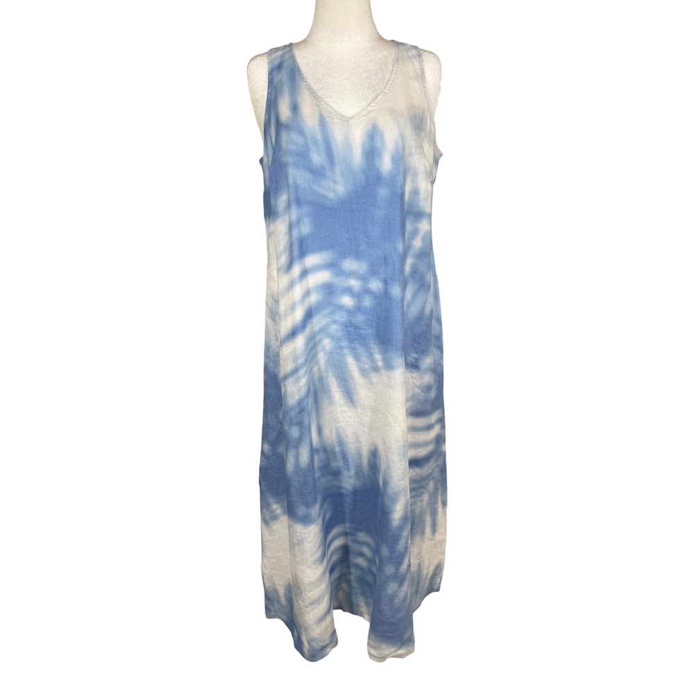 J. Jill Love Linen Maxi Dress Womens Medium Blue White Tie Dye V-Neck Sleeveless